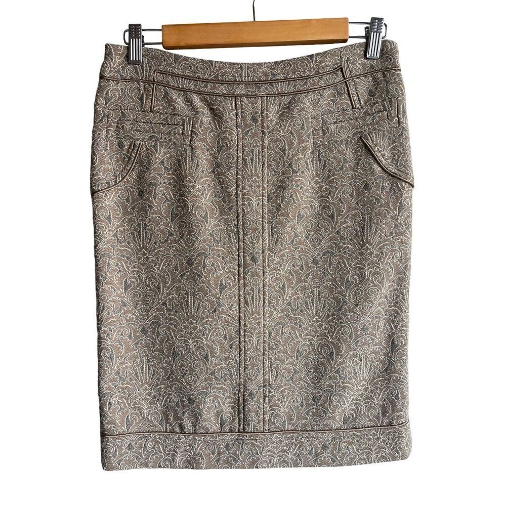 Badgley Mischka Taupe Brocade Pencil Skirt with Subtle Pattern